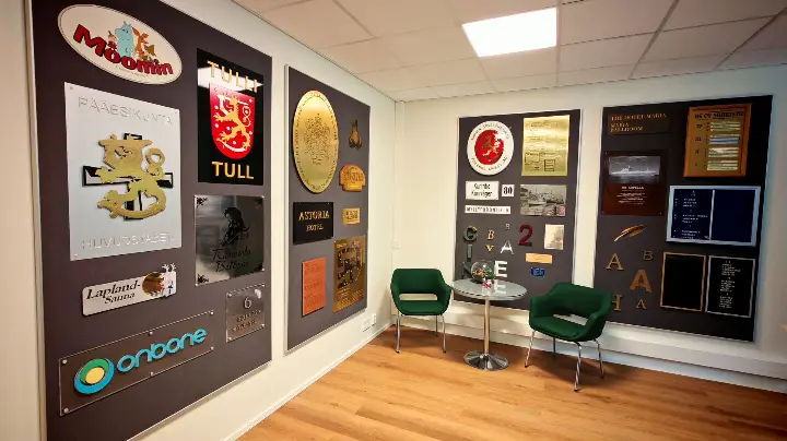 Versaalin valmistamia kylttejä ja opasteita yrityksen toimitiloissa. 