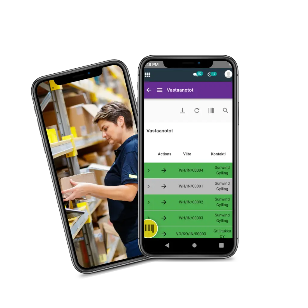 Kaksi puhelinta, joista toisessa on nainen varastossa ja toisessa Collapick Tempo ERP Vastaanotot -näkymä